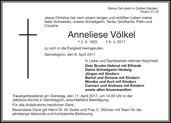 Traueranzeige von Anneliese Völkel von Frankenpost