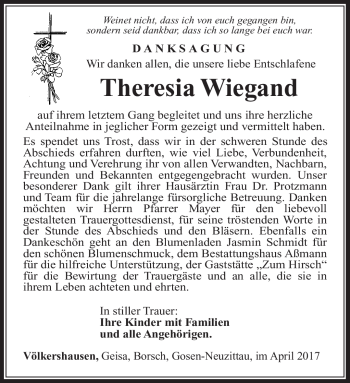 Traueranzeige von Theresia Wiegand von Südthüringer Presse
