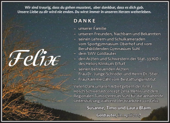 Traueranzeige von Felix Blaim von Südthüringer Presse