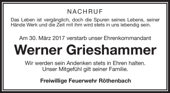 Traueranzeige von Werner Grieshammer von Frankenpost