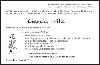 Traueranzeige von Gerda Fritz von Südthüringer Presse