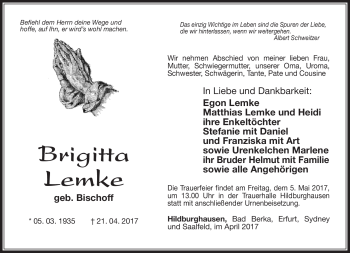 Traueranzeige von Brigitta Lemke von Südthüringer Presse
