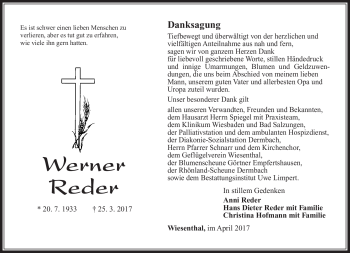 Traueranzeige von Werner Reder von Südthüringer Presse