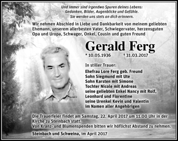Traueranzeige von Gerald Ferg von Südthüringer Presse