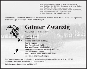 Traueranzeige von Günter Zwanzig von Südthüringer Presse