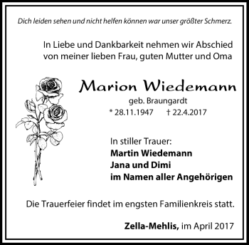 Traueranzeige von Marion Wiedemann von Südthüringer Presse