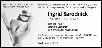 Traueranzeige von Ingrid Sarodnick von Südthüringer Presse