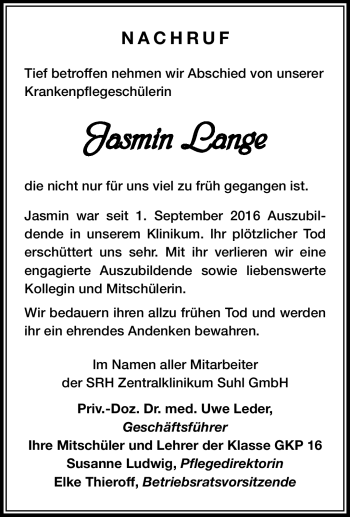 Traueranzeige von Jasmin Lange von Südthüringer Presse
