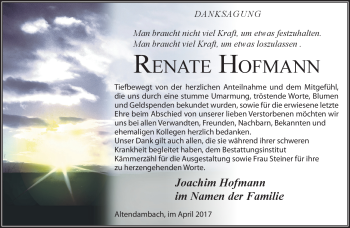 Traueranzeige von Renate Hofmann von Südthüringer Presse