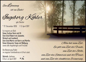 Traueranzeige von Ingeborg Köhler von Südthüringer Presse