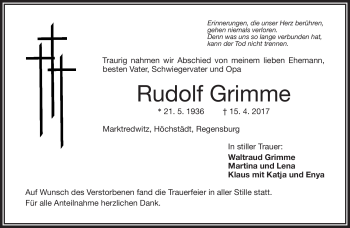 Traueranzeige von Rudolf Grimme von Frankenpost