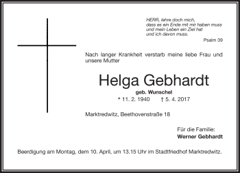 Traueranzeige von Helga Gebhardt von Frankenpost
