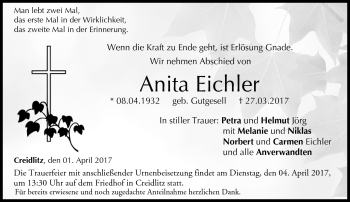 Traueranzeige von Anita Eichler von Neue Presse Coburg