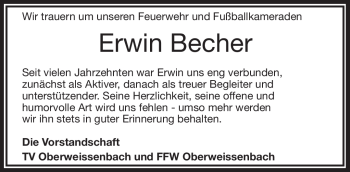 Traueranzeige von Erwin Bächer von Frankenpost