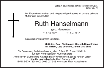 Traueranzeige von Ruth Hanselmann von Neue Presse Coburg