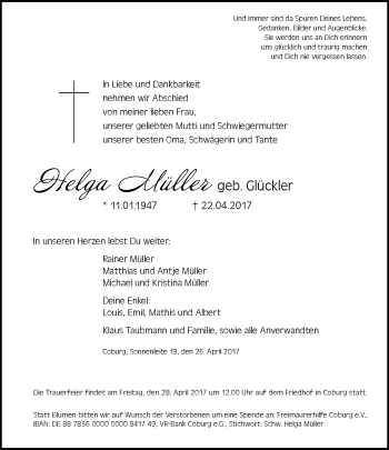 Traueranzeige von Helga Müller von Neue Presse Coburg