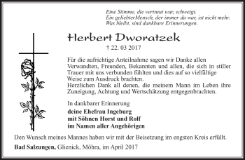 Traueranzeige von Herbert Dworatzek von Südthüringer Presse