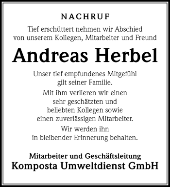 Traueranzeige von Andreas Herbel von Südthüringer Presse
