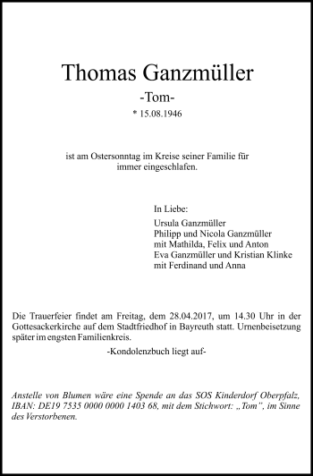 Traueranzeige von Thomas Ganzmüller von Frankenpost