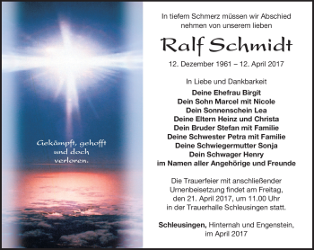 Traueranzeige von Ralf Schmidt von Südthüringer Presse
