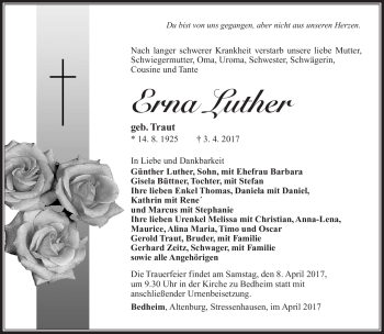 Traueranzeige von Erna Luther von Südthüringer Presse