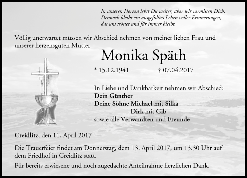  Traueranzeige für Monika Späth vom 11.04.2017 aus Neue Presse Coburg