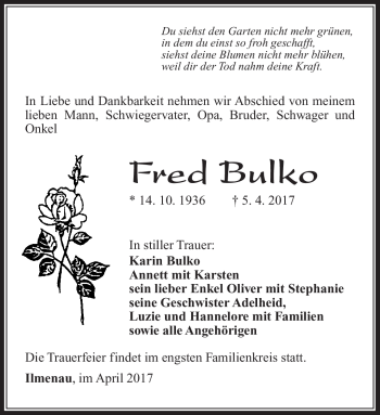 Traueranzeige von Fred Bulko von Südthüringer Presse