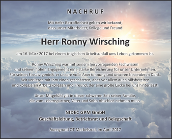 Traueranzeige von Ronny Wirsching von Südthüringer Presse