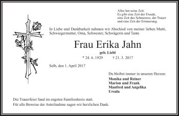 Traueranzeige von Erika Jahn von Frankenpost