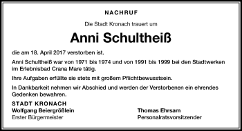 Traueranzeige von Anni Schultheiß von Neue Presse Coburg