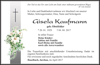 Traueranzeige von Gisela Kaufmann von Südthüringer Presse