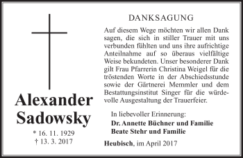 Traueranzeige von Alexander Sadowsky von Südthüringer Presse