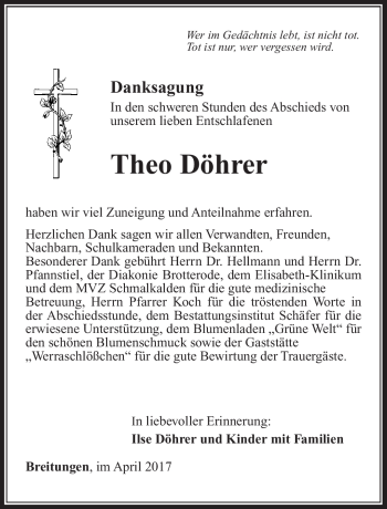 Traueranzeige von Theo Döhrer von Südthüringer Presse