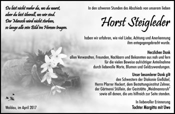 Traueranzeige von Horst Steigleder von Südthüringer Presse