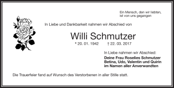 Traueranzeige von Willi Schmutzer von Frankenpost