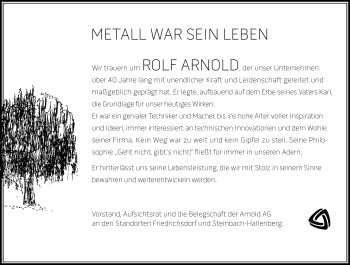 Traueranzeige von Rolf Arnold von Südthüringer Presse