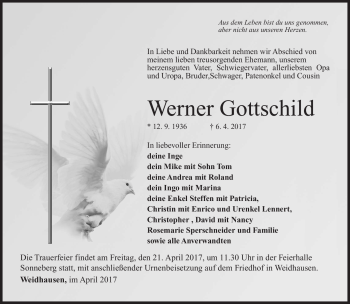 Traueranzeige von Werner Gottschild von Südthüringer Presse