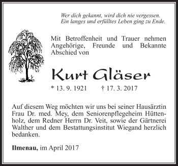 Traueranzeige von Kurt Gläser von Südthüringer Presse