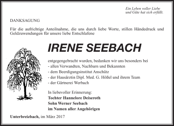 Traueranzeige von Irene Seebach von Südthüringer Presse