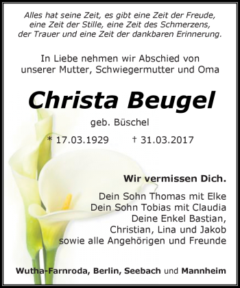Traueranzeige von Christa Beugel von Südthüringer Presse