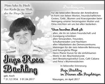 Traueranzeige von Inge Rosa Büchling von Südthüringer Presse