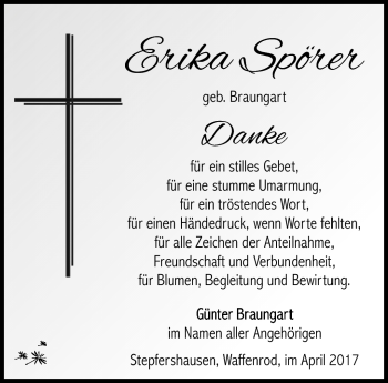Traueranzeige von Erika Spörer von Südthüringer Presse