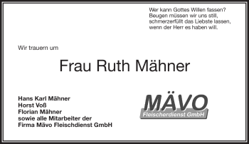 Traueranzeige von Ruth Mähner von Frankenpost