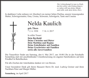 Traueranzeige von Nelda Kaulich von Südthüringer Presse