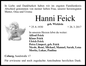 Traueranzeige von Hanni Feick von Neue Presse Coburg