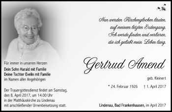 Traueranzeige von Gertrud Amend von Südthüringer Presse