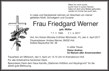 Traueranzeige von Friedgard Werner von Frankenpost