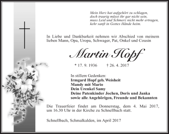 Traueranzeige von Martin Hopf von Südthüringer Presse