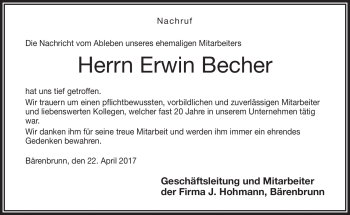 Traueranzeige von Erwin Becher von Frankenpost