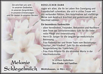 Traueranzeige von Melanie Schlegelmilch von Südthüringer Presse